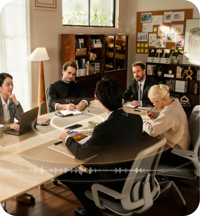 Hears the whole room.